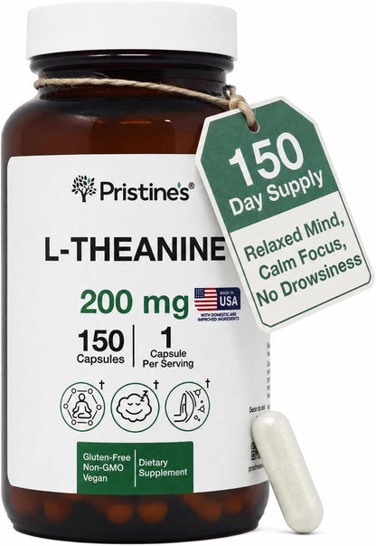 PRISTINE'S L-Theanine 200mg Capsules Sleep & Relaxation, Vegan, 150 Count | Calm focus, sleep and relaxation support without caffeine or stimulants. 150 count, vegan, non-GMO, gluten-free glass bottle