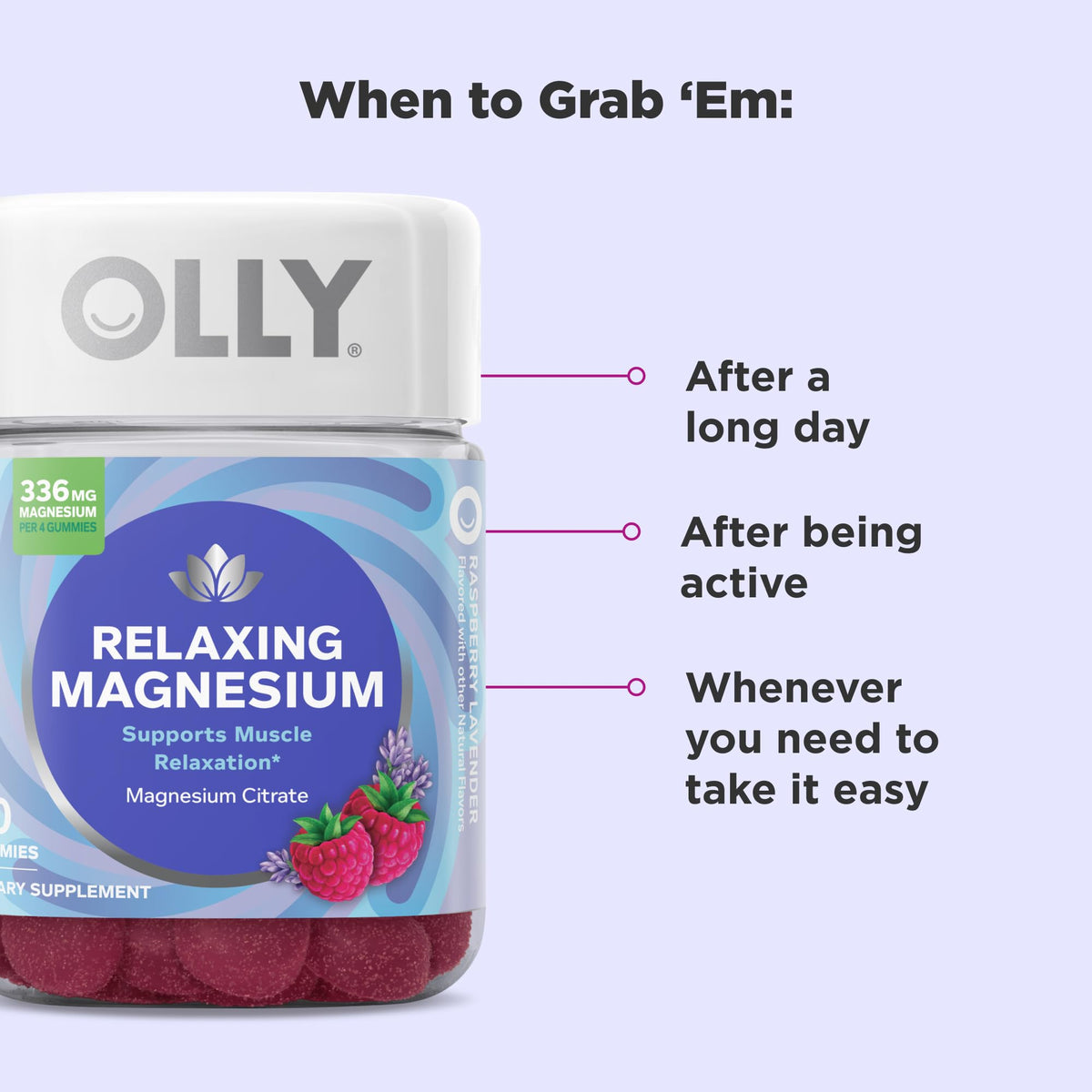 OLLY Relaxing Magnesium Gummies, Supports Muscle Relaxation*, Magnesium Citrate, Raspberry Lavender Flavor, 15 Day Supply - 60 Count