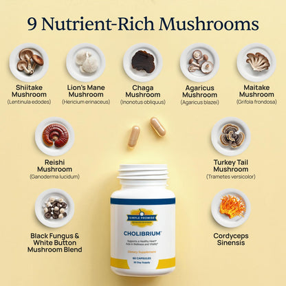 Cholibrium - 9-in-1 Mushroom Complex for Immunity - Lion's Mane and Reishi | 9-Mushroom Complex, Immune and Focus Support, Cordyceps and Shiitake, Simple 2-Capsule Routine, Vegan, 1,330mg