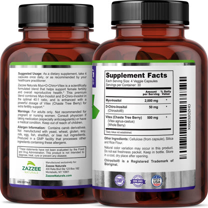 Zazzee Myo-Inositol + D-Chiro + Vitex, 120 Vegan Capsules, Optimal 40:1 Inositol Ratio, with 500 mg Vitex