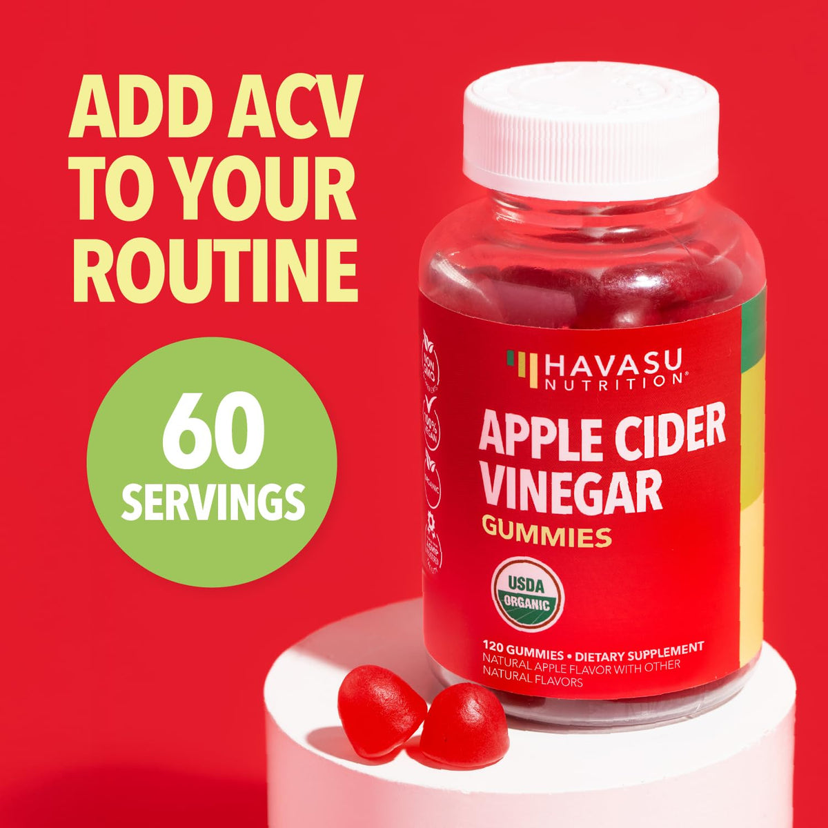 Apple Cider Vinegar Gummies, USDA Organic, Apple Flavor, 1-Month Supply | USDA Organic ACV Gummies for Digestive Health, Metabolism & Gut Support, Vegan, Gluten-Free, No Harsh Taste, 60ct