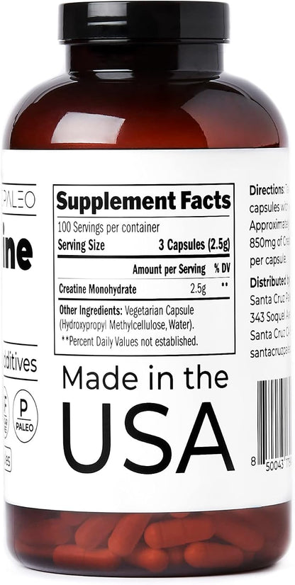 Santa Cruz Paleo Creatine Capsules, Supports Muscle Growth & Energy, Gluten Free, Keto, Sugar Free, Paleo, No Fillers or Additives, Creatine Monohydrate Pills, 2500mg, 100 Servings, 300 Capsules