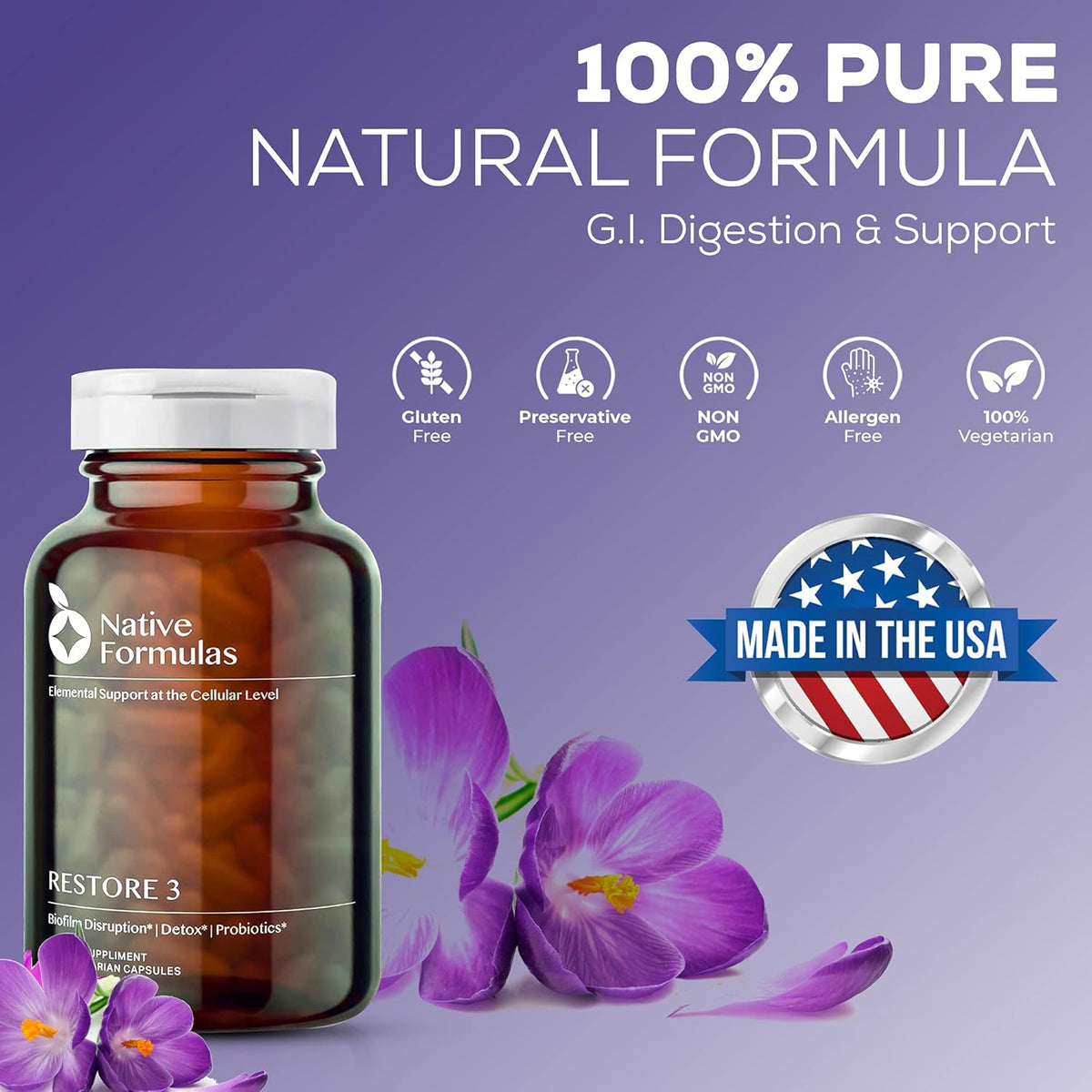 Native Formulas Restore 3 Proteolytic Enzyme & Spore Probiotic Blend Supplement - 60 Capsules - Advanced Biofilm Disruption Aid - Support GI Health, Fibromyalgia, Gut Flora, Muscle
