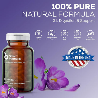Native Formulas Restore 3 Proteolytic Enzyme & Spore Probiotic Blend Supplement - 60 Capsules - Advanced Biofilm Disruption Aid - Support GI Health, Fibromyalgia, Gut Flora, Muscle