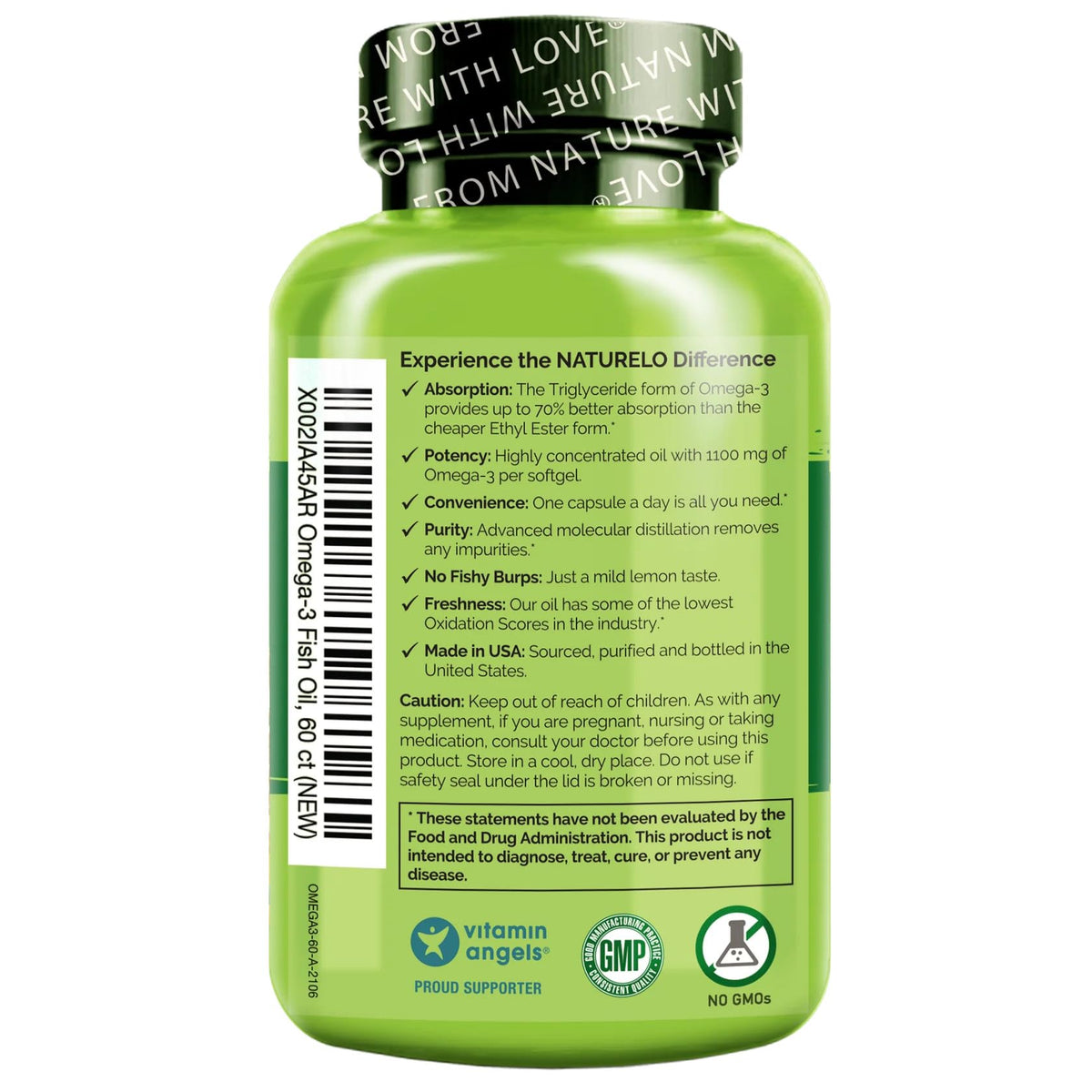 NATURELO Burpless Omega 3 Fish Oil Supplement - 1100mg Triglyceride Omega-3, EPA + DHA, Liquid Fish Oil for Heart, Eye, Brain, Joint Health - 120 Softgels, 4 Months Supply