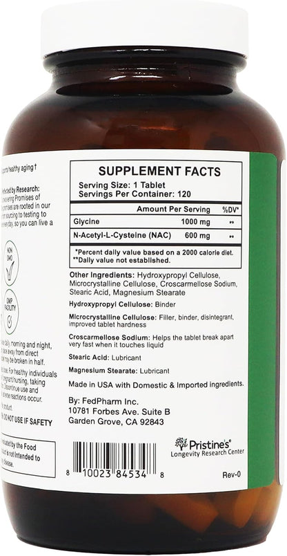 PRISTINE'S GlyNAC 1600mg Tablets, Glycine 1000mg + NAC 600mg, 120 Count | Glutathione support from glycine and NAC. Large scored tablets, 120 count, vegan, non-GMO, gluten-free, glass bottle