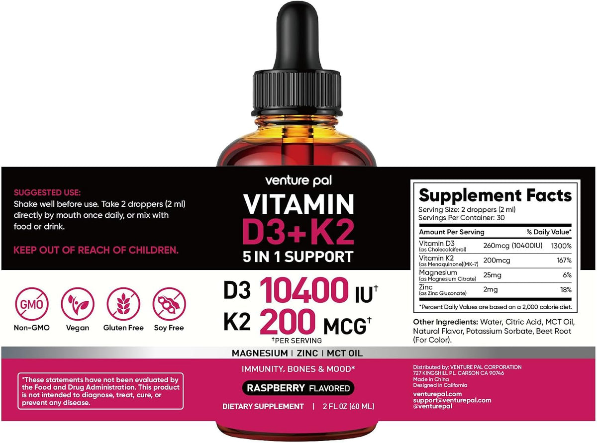 5-in-1 Vitamin D3 K2 Drops, Vitamin D3 10400 IU & K2(MK-7) 200mcg | With Magnesium, MCT Oil, Zinc, Maximum Absorption Vitamin D Liquid for Bone, Mood & Immune - Sugar Free | 2 FL OZ | 60 Days