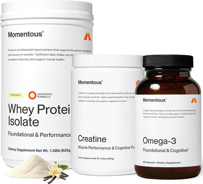 Momentous Three - Creatine Monohydrate Powder (90 Servings), Grass-Fed Whey Protein Powder (Vanilla) & Omega-3 Fish Oil 1600mg - Daily Essentials for Strength, Performance & Lean Muscle Recovery
