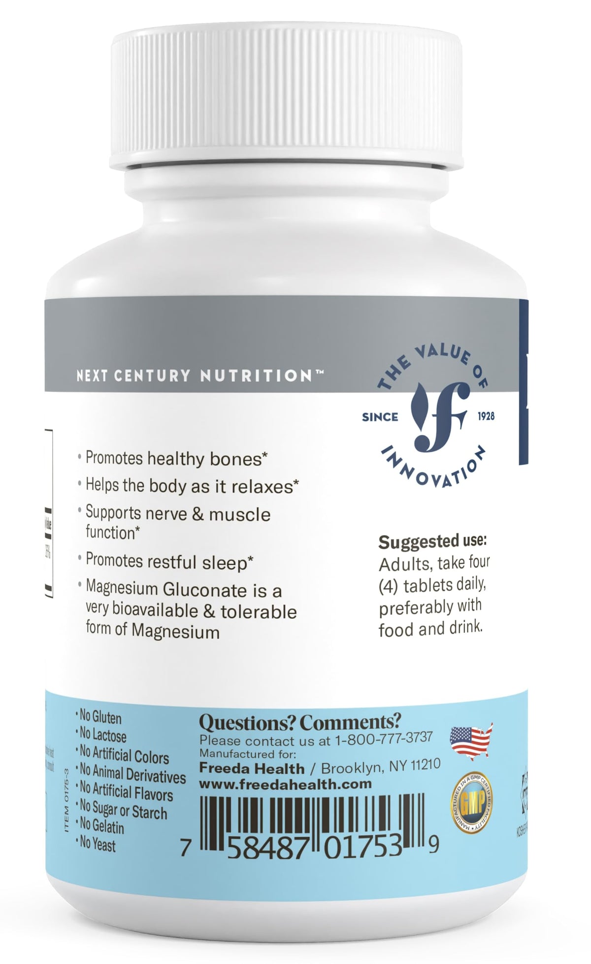 Freeda Magnesium Gluconate Vegan Supplement - 100 Tablets | Gentle and Highly Absorbable Magnesium Gluconate Supplement - Supporting Bone, Nerve & Muscle Function