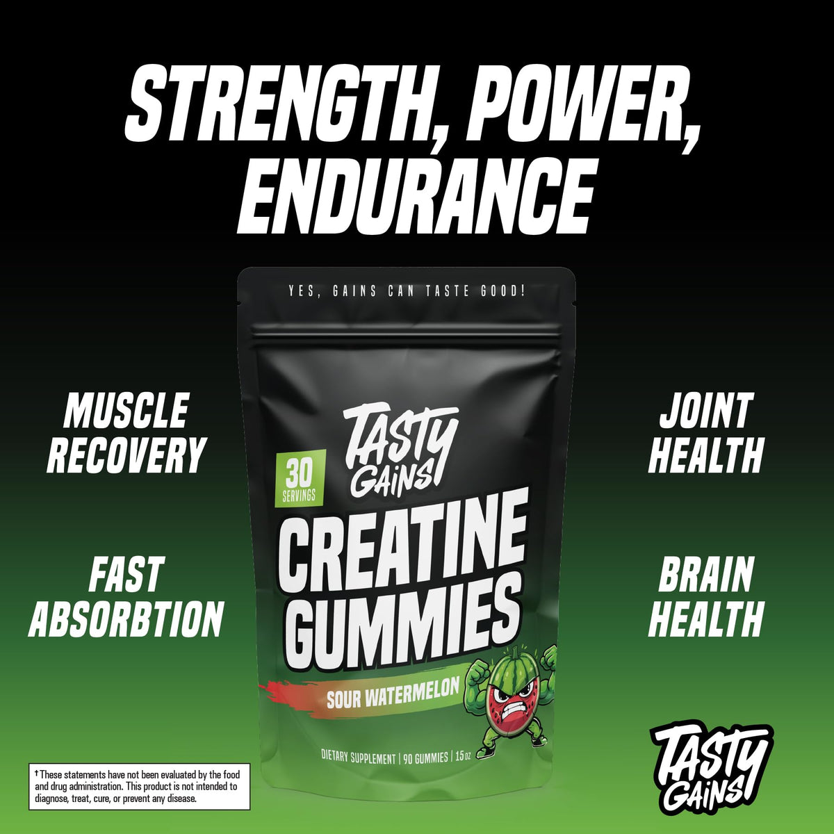 TASTY GAINS Creatine Gummies - 90g of Creatine Monohydrate - Workout Supplements - Build Muscle & Boost Strength for Men & Women - Made in USA - Non GMO - (Large, Strawberry Creamsicle Flavor)