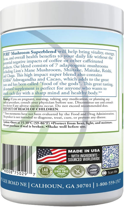 PURE® Mushroom Superblend - 30 Servings - 2000mg Lion’s Mane with KSM-66® Ashwagandha & Organic Cacao - Caffeine-Free Focus, Memory & Stress Relief Morning Ritual - Made in USA