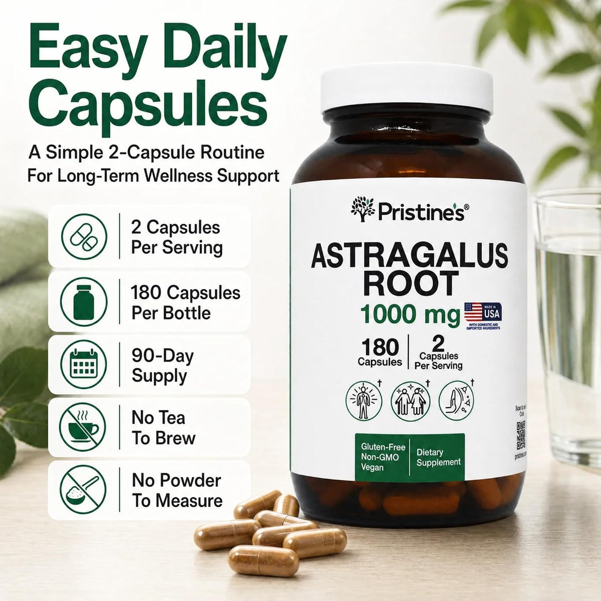 PRISTINE'S Astragalus Root 1000mg Capsules, Adaptogen, Vegan, 90 Day Supply | Lung health support from an herbal adaptogen used in Traditional Chinese medicine. 90 day supply, vegan, non-GMO, gluten-free