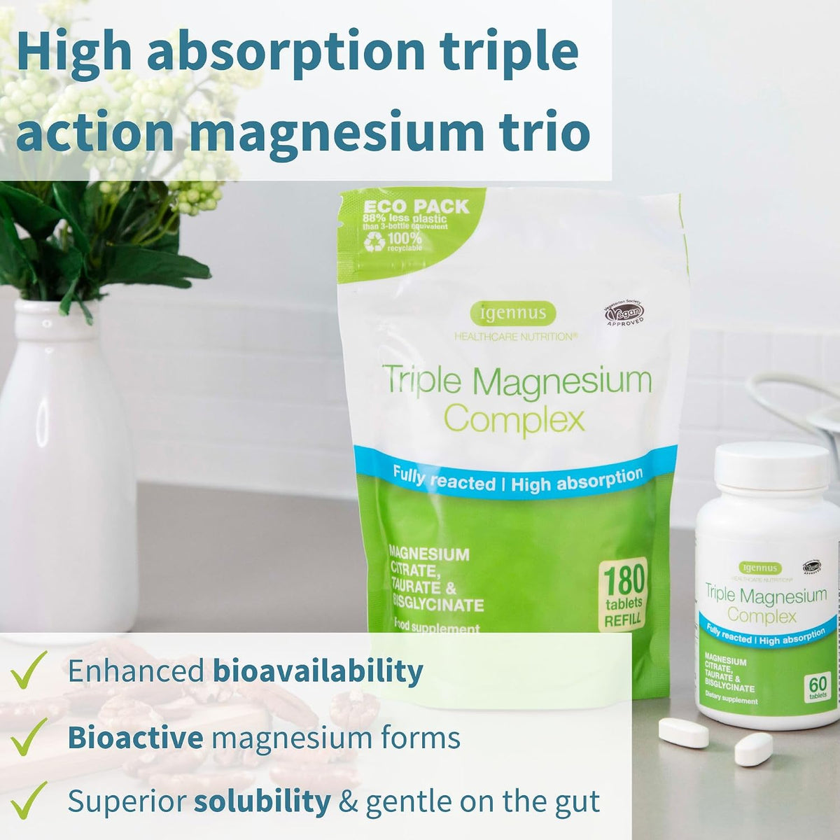 Super B-Complex 180 Tablets + Triple Magnesium Complex 180 Tablets Vegan Bundle, Methylated Sustained Release B Complex + High Absorption Chelated Magnesium Glycinate, Taurate & Citrate, by Igennus
