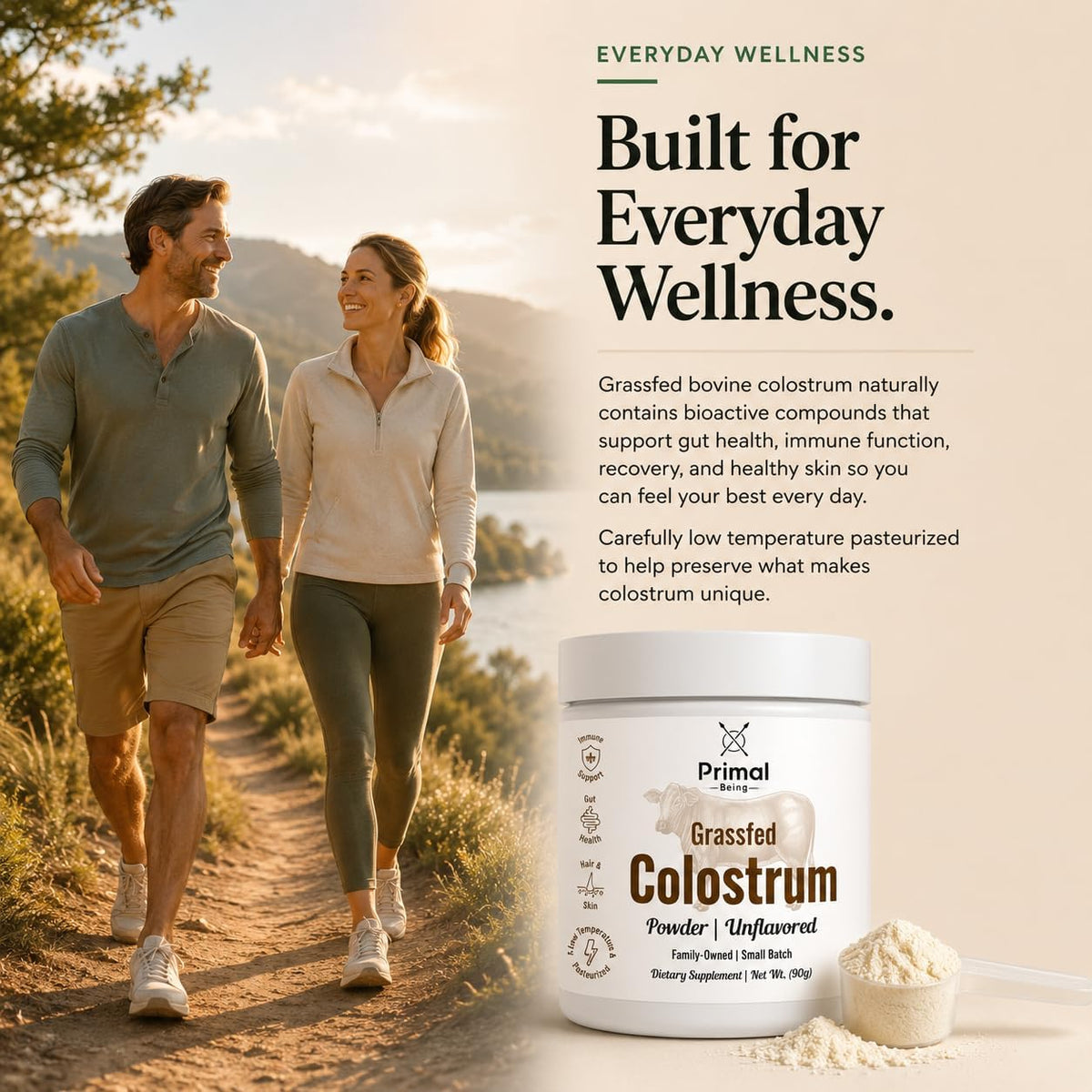 Primal Being Grassfed Beef Colostrum - Supports Immune Function, Gut Health, Hair, Anti-Aging, Athletic Performance, Recovery - 90 Grams unflavored Powder, 3000 mg per Serving
