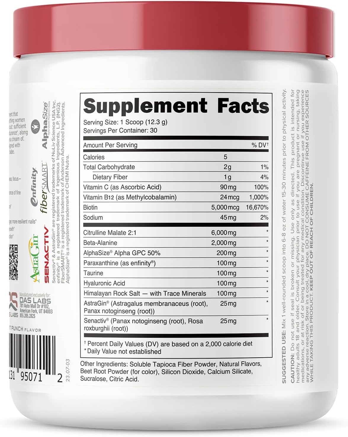 Bucked Up Babe Pre Workout Powder for Women | Fruit Punch | 6g Citrulline, 2g Beta-Alanine, 100mg Hyaluronic Acid, 5mg Biotin and 5 Other Registered trademarked Ingredients | 30 Servings | 13 OZ