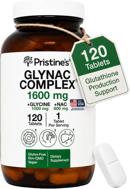 PRISTINE'S GlyNAC 1600mg Tablets, Glycine 1000mg + NAC 600mg, 120 Count | Glutathione support from glycine and NAC. Large scored tablets, 120 count, vegan, non-GMO, gluten-free, glass bottle