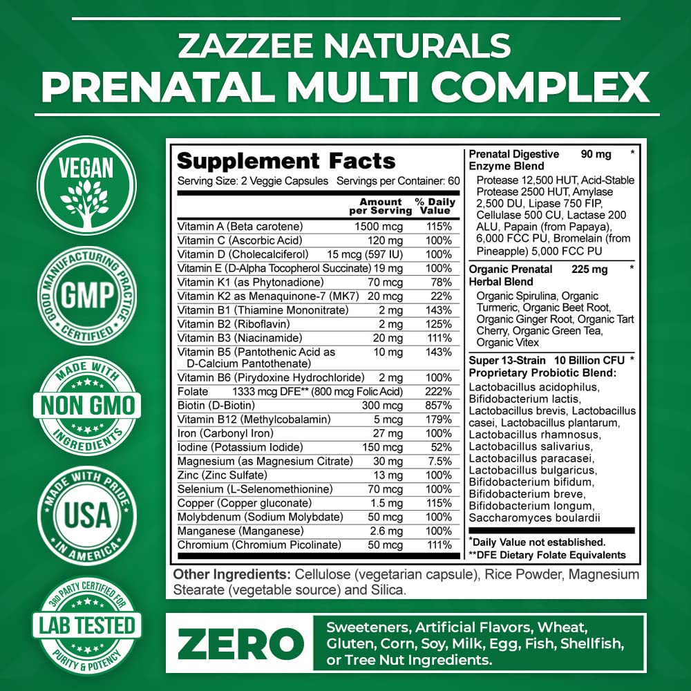 Zazzee Extra Strength Complete Prenatal Multi Complex, 120 Vegan Capsules, 2 Month Supply