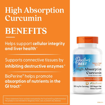 Doctor's Best Turmeric Curcumin Supplement 1000mg for Men & Women - Curcumin Caps from Turmeric Root, Black Pepper Extract (BioPerine), 95% Piperine, Joint Health Support, Non GMO - 120 Veg Capsules
