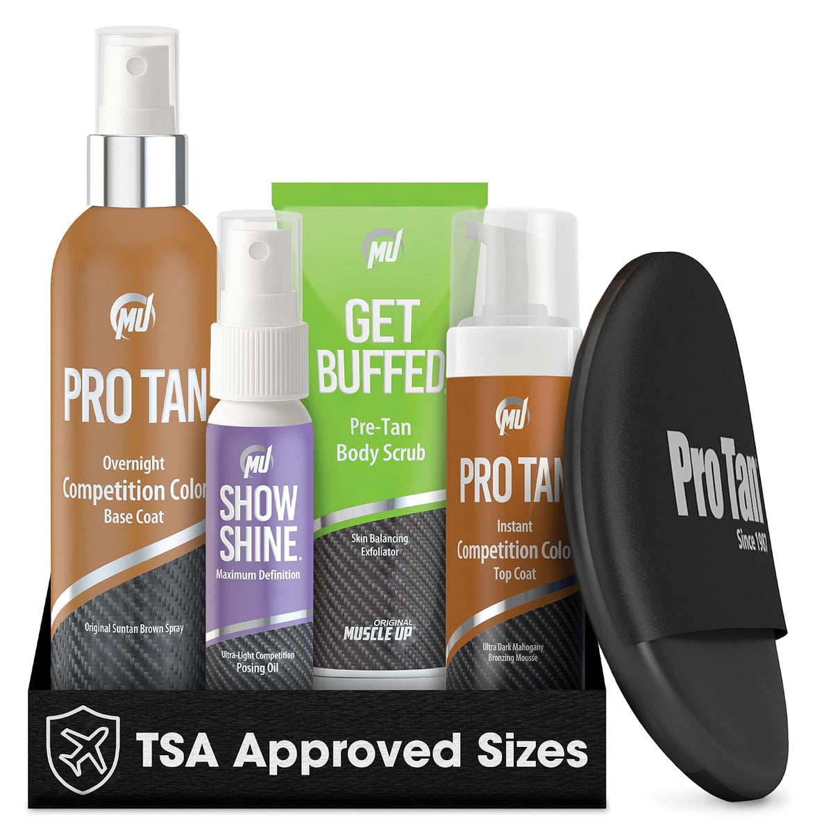 Pro Tan Competition Tanning Kit - Self Tanner Set | Pre-Tan Skin Exfoliator, Overnight Competition Color Base Coat, Instant Top Coat Mousse, Ultra-Light Posing Oil, & Mitt