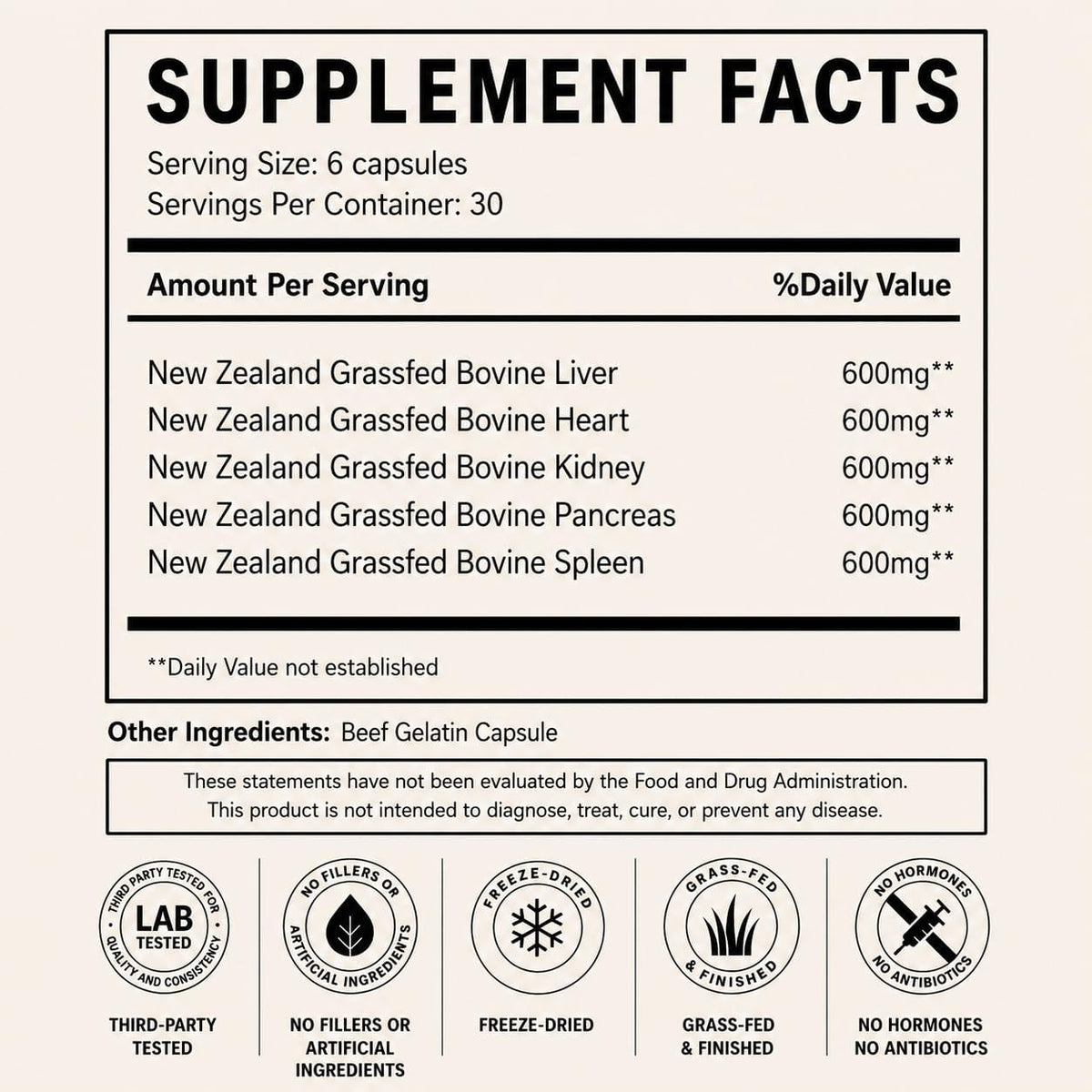 Primal Being Grassfed Beef Organ Complex - Liver, Heart, Pancreas, Spleen, & Kidney- Supports Overall Health & Performance - 180 Capsules, 3000mg per Serving