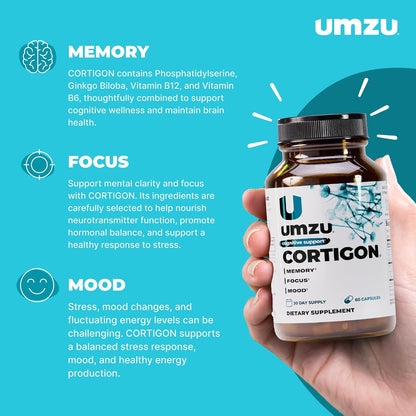 UMZU Cortigon Cortisol Support Supplement, 30 Day Supply | Ginkgo Biloba, Phosphatidylserine, Vitamins B6 and B12, Healthy Stress Response, Mood, Focus and Cognitive Support
