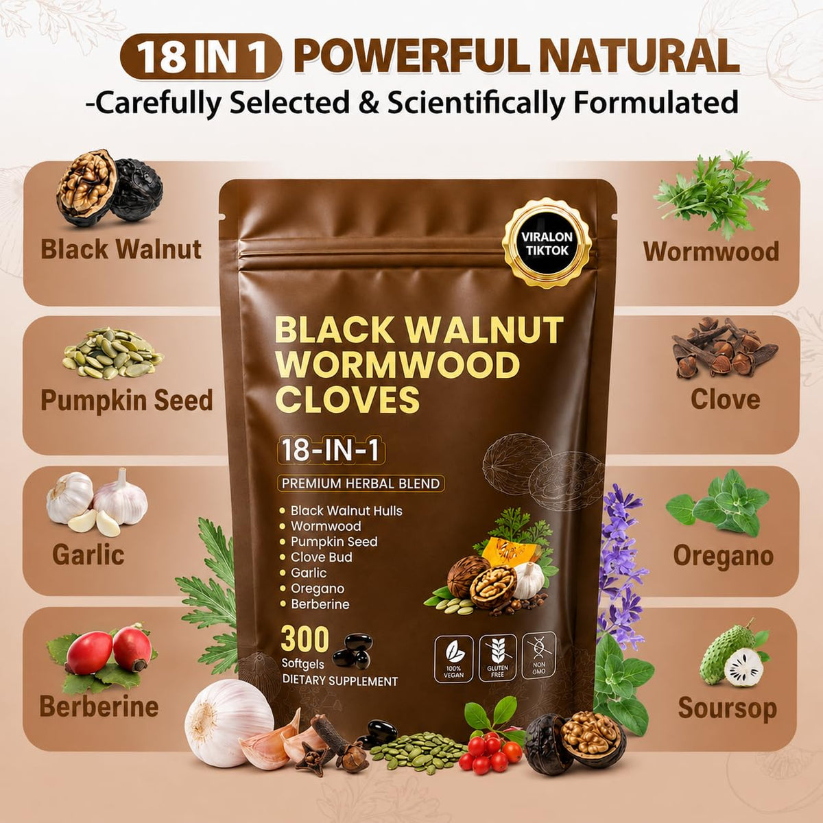 18-in-1 Wormwood Black Walnut Clove Herbal Cleanse Supplement |300 Softgels