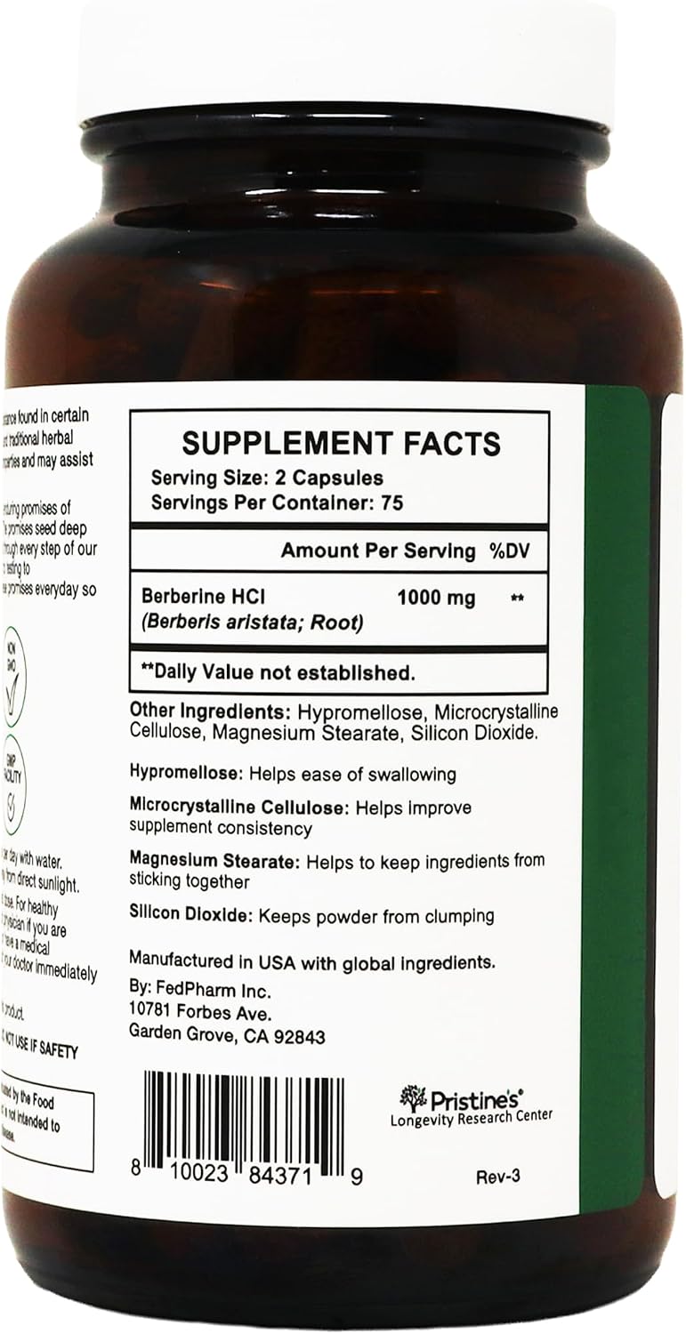 PRISTINE'S Berberine 1000mg Capsules, Daily Wellness Support, 75 Day Supply | Simple 2-capsule berberine routine with 1000mg per serving. Daily wellness, 75 day supply, vegan, non-GMO, gluten-free