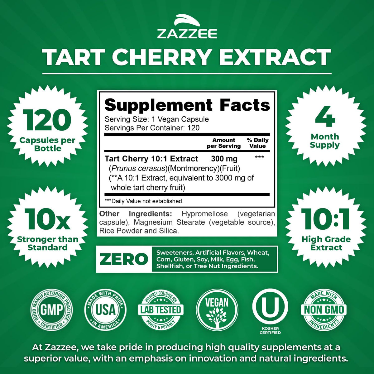 Zazzee Tart Cherry 10:1 Extract, 200 Vegan Capsules, 6+ Month Supply, Montmorency Cherry, Certified Kosher, Joint & Uric Acid Support, Antioxidant Support Formula, Non-GMO, Made in the USA