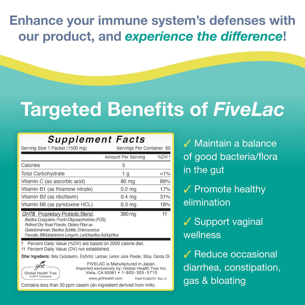 Global Health Trax GHT - ThreeLac Lemon Probiotic Drink Mix for Digestive Health - Advanced Probiotic Powder Formula for Men, Women & Kids - Immune Support & Gut Balance, Non-GMO - 60 Packets