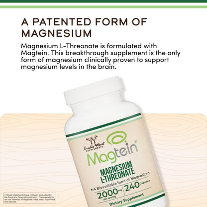 Magnesium L Threonate, Magtein - NSF Certified - Sleep and Cognitive Support – High Absorption – Most Bioavailable Form of Magnesium – 2,000 mg – 120 Capsules