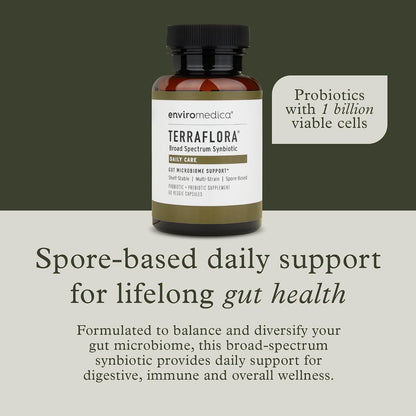 Terraflora Daily Care Synbiotic, Spore Probiotic & Prebiotic, 60 Ct | Soil-based, shelf-stable, allergen-friendly spore probiotics & prebiotics for daily gut health. 60 caps.