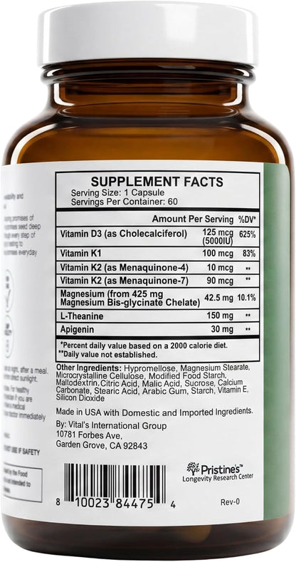 Pristine's NSF Certified Vitamin D3 K2 5000 IU with Magnesium, 60 Caps | Two forms of K2, MK-4 and MK-7, plus apigenin, L-theanine and magnesium glycinate. Non-GMO, gluten-free, NSF Certified.