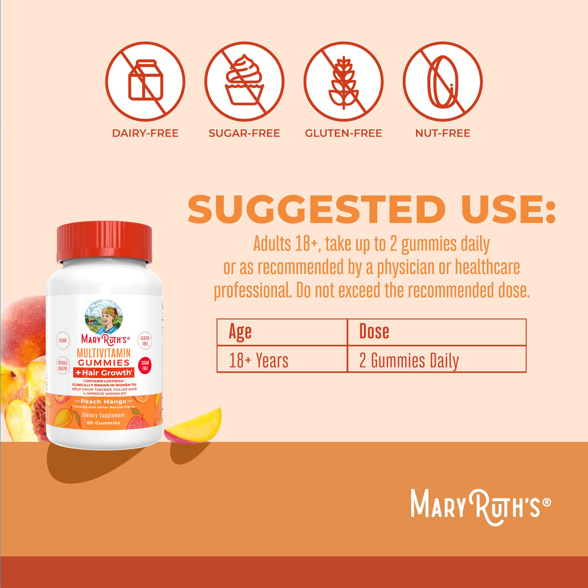 MaryRuth's Multivitamin + Hair Growth Gummies | with Lustriva® | Biotin 10000mcg | B Vitamins | Formulated for Thicker Hair, Wrinkles, Fine Lines, Skin Care | Ages 18+ | 30 Servings