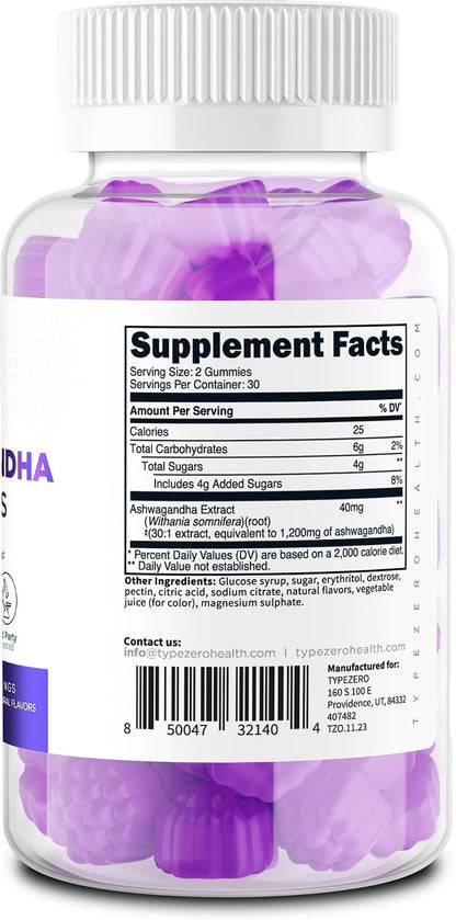 Type Zero Ashwagandha Gummies 60 Gummies for 30 Servings Per Bottle - Ashwagandha Herbal Extract Supplement, Gluten Free, GMO Free