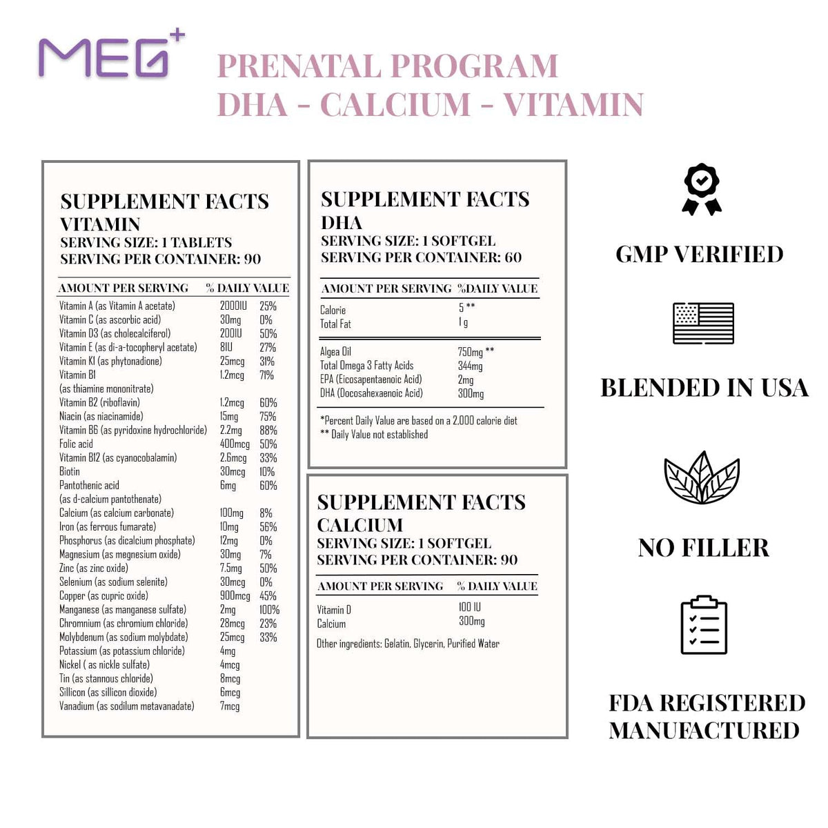MEG+ Prenatal Supplement DHA Calcium Vitamin | 2-Month Supply 180 Counts |Omega-3 DHA Algal