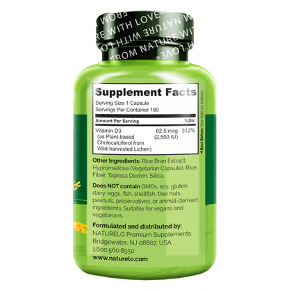 NATURELO Vitamin D - 2500 IU - Plant Based from Lichen - Natural D3 Supplement for Immune System, Bone Support, Joint Health - Vegan - Non-GMO - Gluten Free - 180 Capsules