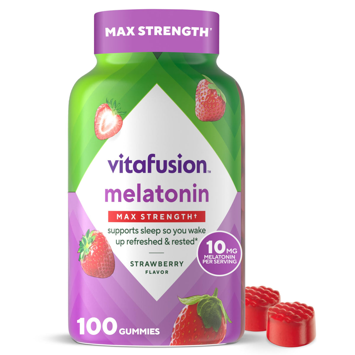 vitafusion Max Strength 10 mg Melatonin Gummies, Strawberry Flavored, Adult Melatonin Gummy Vitamin Supplement, 100 Count, 50 Day Supply