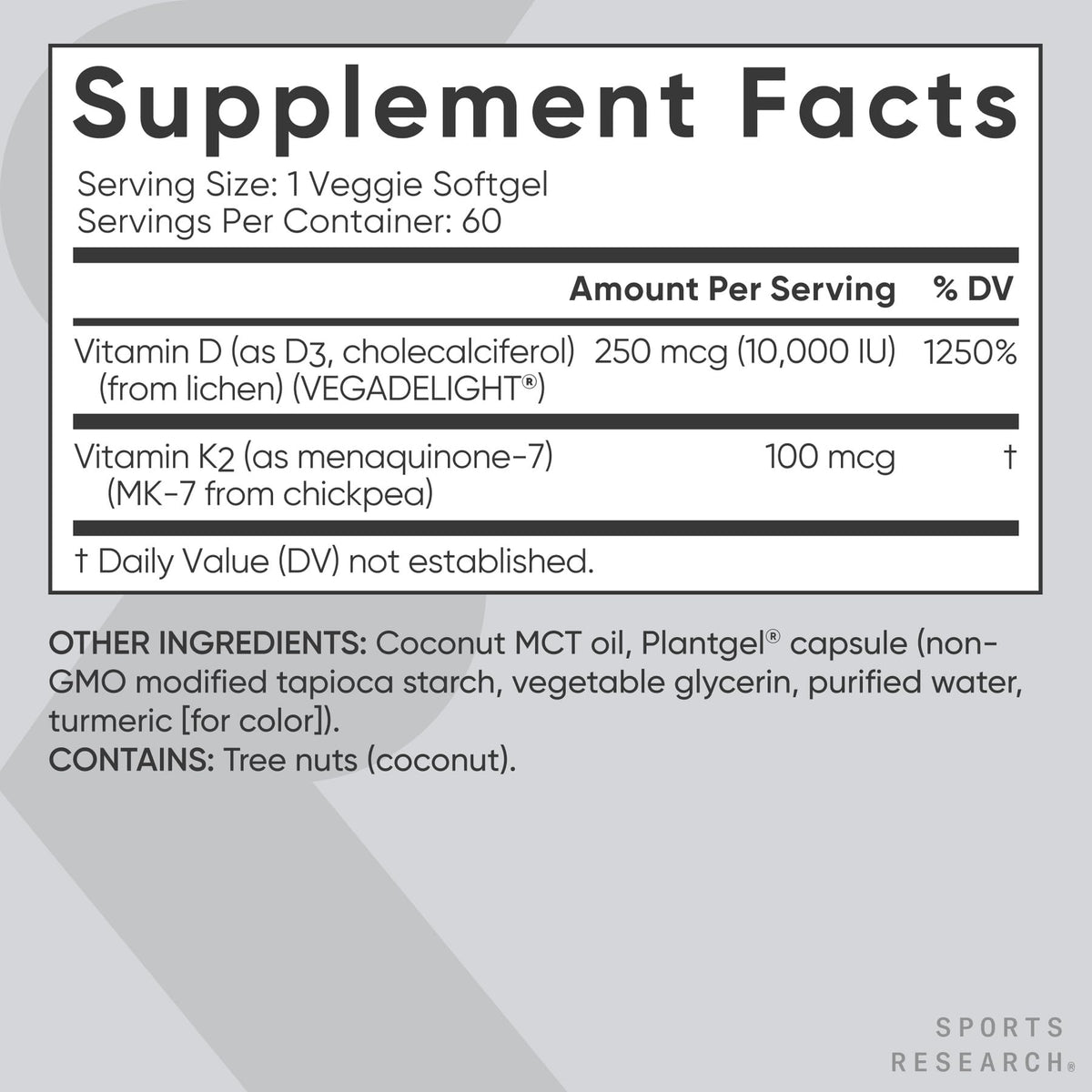 Sports Research® Vitamin D3 + K2 with 10,000iu of Plant-Based D3 & 100mcg of Vitamin K2 as MK-7 | Non-GMO Verified & Vegan Certified 60ct