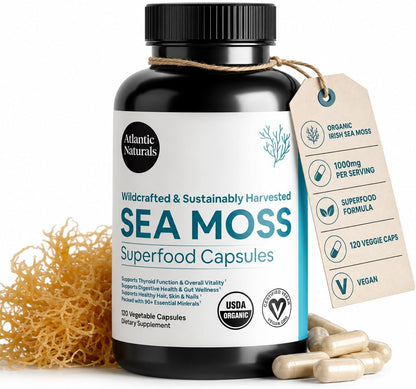 Superfood Organic Irish Sea Moss Capsules - 120 Veggie Capsules | Wildcrafted Organic Sea Moss Supplement for Men & Women | Better Than Sea Moss Gel | Support Immunity & Skin, 1000mg