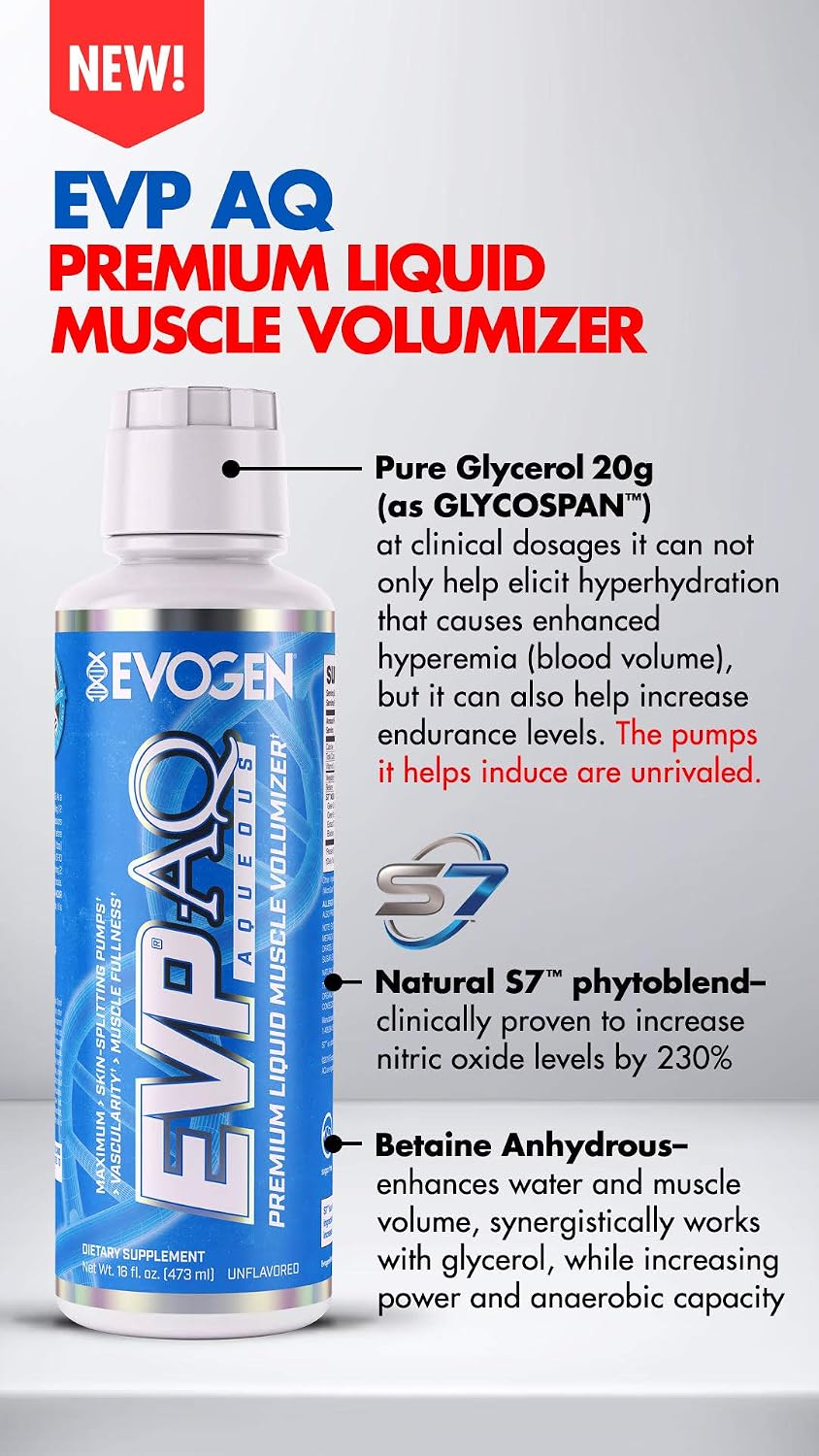 Evogen EVP AQ Liquid Glycerol | Muscle Volumizer | Unflavored | 16 Fl Oz | S7 nitric oxide blend with betaine anhydrous for pumps, vascularity, fullness and hydration; low-stim and clean