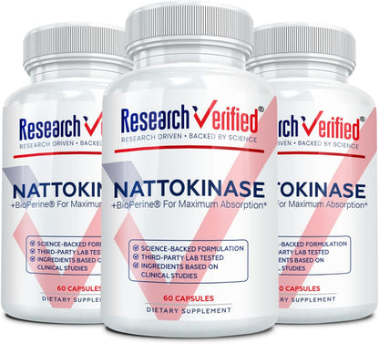 Research Verified Nattokinase - 4000 FU - Circulatory Support - BioPerine, No Vitamin K2-60 Capsules - Pack of 3
