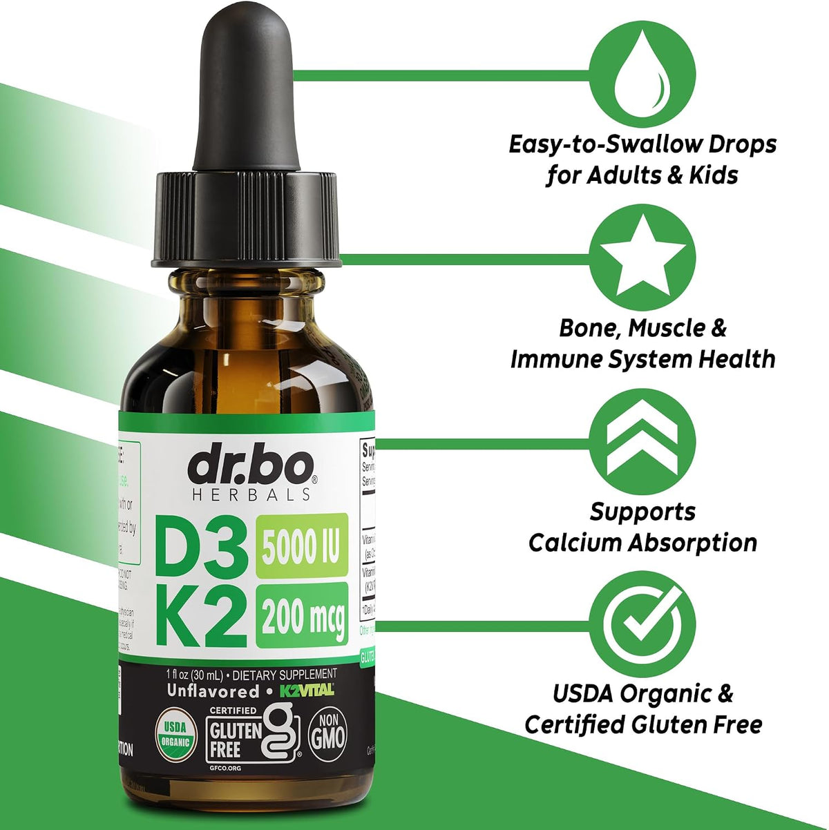 Vitamin D3 K2 Liquid Drops - Organic D3K2 Vitamin D3 K2 Drops Liquid Supplement MCT Oil for Adults & Kids, Calcium Absorption Strong Bones - Vit D and K 5000 IU Supplements, Vitamins D + K MK7 1 Fl Oz