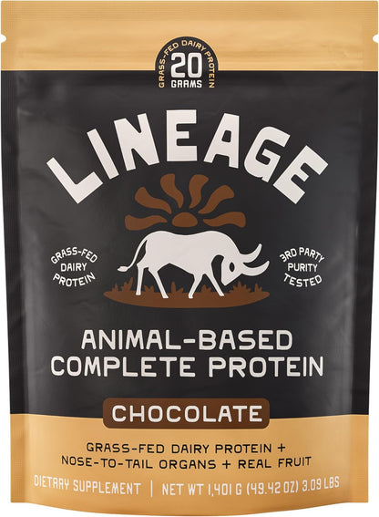 Lineage Provisions Chocolate Whey Protein Powder, 3.09 lbs | 20g complete grass-fed protein with organs, colostrum & fruit. No gums, fillers or artificial sweeteners.