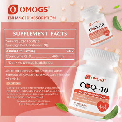 OMOGS CoQ10 400mg Softgels, Coenzyme Q10 High Absorption Supplements Support Heart Health, Cardiovascular Health, Immune System & Cellular Energy Production, Gluten Free, 90 Softgels