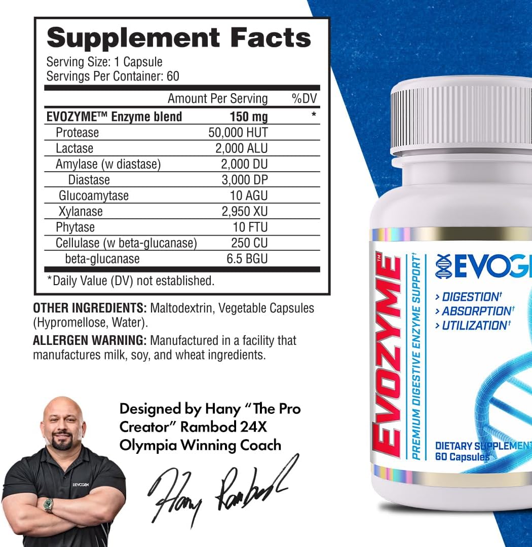 Evogen Evozyme Digestive Enzymes | Gut Health | 60 Capsules | Protease, lactase, amylase and lipase to break down proteins, carbs and fats for absorption and bloating relief