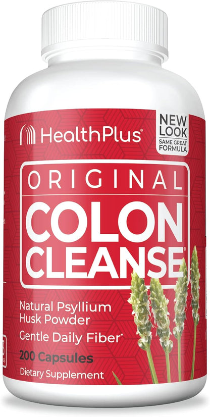 Health Plus Colon Cleanse Daily Psyllium Husk Fiber, 200ct, 33 Servings | All-natural daily fiber capsules that may reduce bloating and promote overall digestive wellness