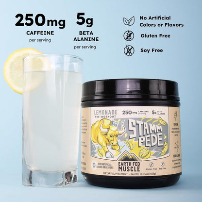 Earth Fed Muscle Stammpede Lemonade Pre Workout, Third-Party Certified. 250mg Caffeine, Lemonade - 5g Beta Alanine, Citrulline Malate, Taurine - Soy Free, Gluten Free - 16 oz, 26 Servings | Third-Party Certified, 250mg Caffeine, 5g Beta Alanine, Citrullin