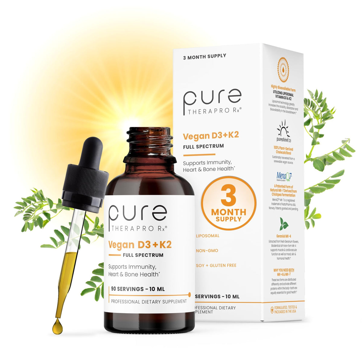 Pure Therapro Rx Vegan D3 + K2 Organic 100% Liposomal 10ml Made in USA | 3 Month Supply | Maximum Absorption Vitamin D3 and Vitamin K2 Supplements for Men and Women, D3 Vitamin 5000 IU