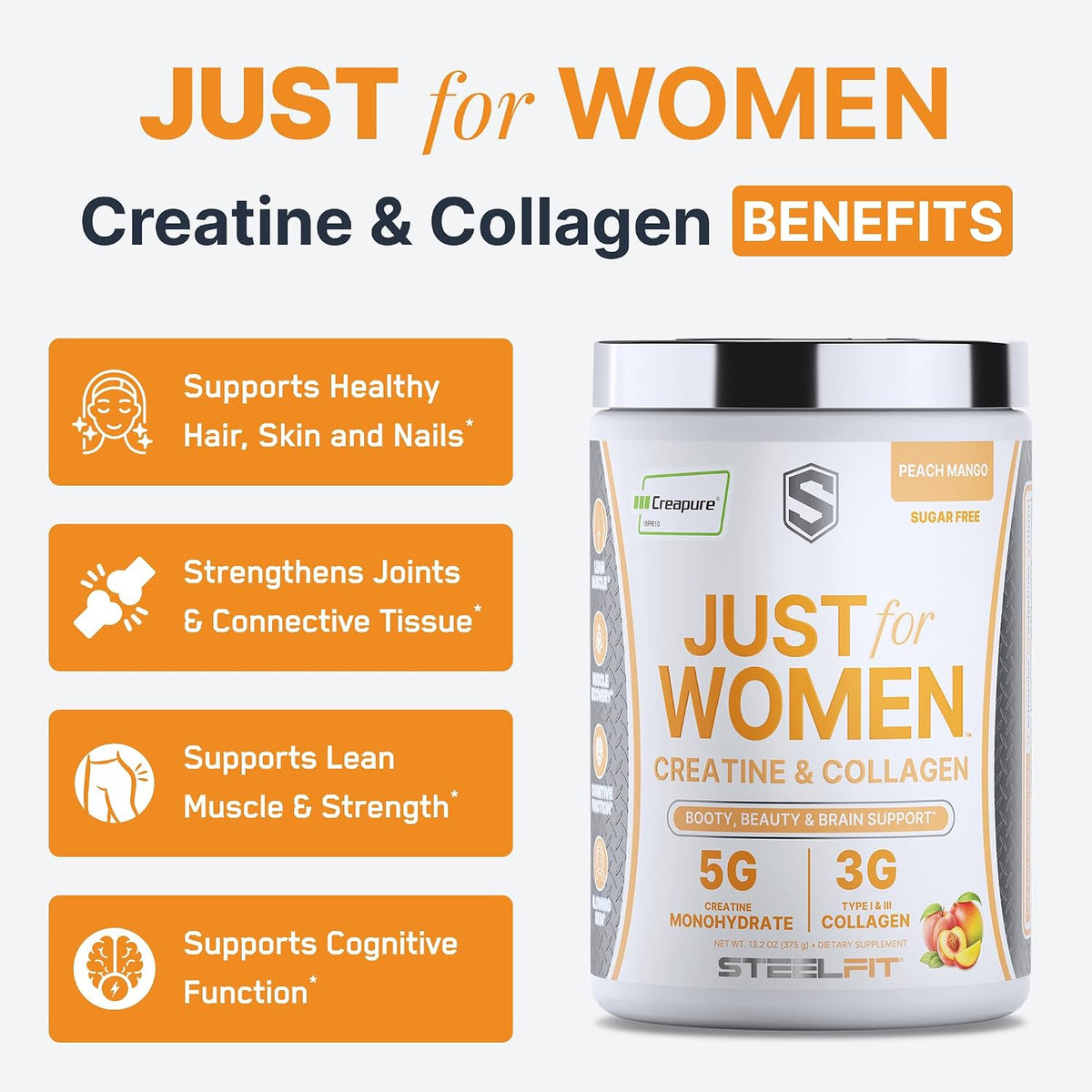 SteelFit Just for Women Creatine & Collagen Powder, Peach Mango | 5g Creapure Creatine Monohydrate & 3g Grass-Fed Collagen Peptides - Lean Muscle, Brain Health & Glowing Skin - 30 Servings