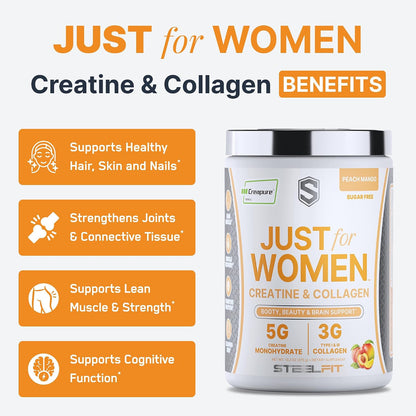 SteelFit Just for Women Creatine & Collagen Powder, Peach Mango | 5g Creapure Creatine Monohydrate & 3g Grass-Fed Collagen Peptides - Lean Muscle, Brain Health & Glowing Skin - 30 Servings